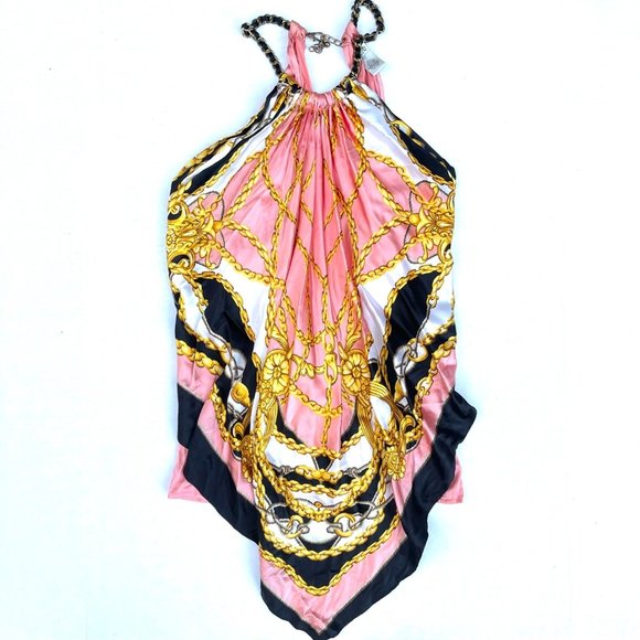 Cache Tops - Cache Pink Silk Scarf Tie & Chain Halter Top L